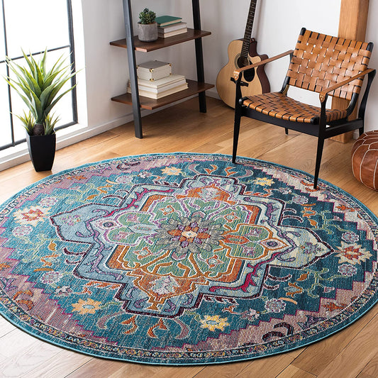 Crystal Collection 5' X 5' round Teal/Rose CRS501T Boho Chic Oriental Medallion Distressed Non-Shedding Dining Room Entryway Foyer Living Room Bedroom Area Rug