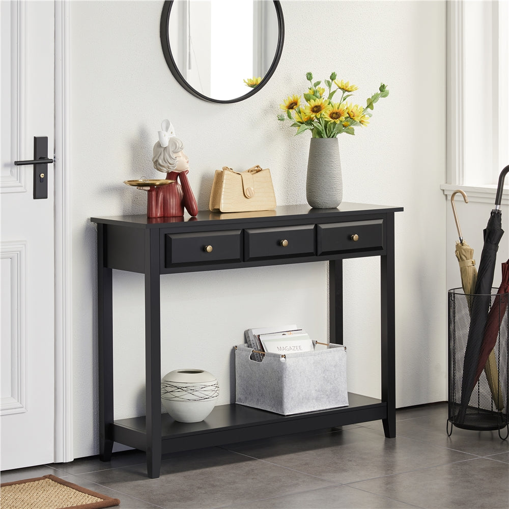 3-Drawer Wooden Console Table Entryway Table with Storage Shelf Pine Wood Legs, Black