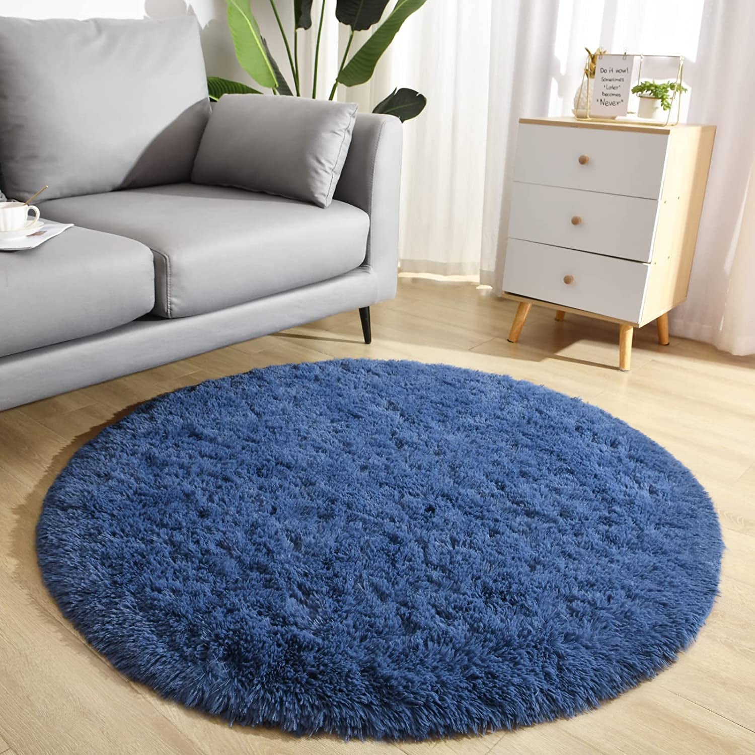 Super Soft round Rugs for Kids Room, Cute Fluffy Plush Shaggy Carpet 4X4 Feet for Girls Bedroom Dorm, Home Decor White for Bedroom, Non-Slip Modern Rugs for Living Room Light Navy