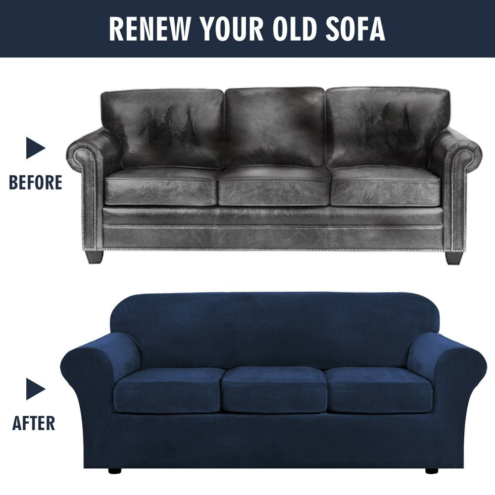 Velvet Plush 4 Piece Stretch Sofa Covers Couch Covers for 3 Cushion Couch 3 Seater Covers (Base Cover plus 3 Individual Cushion Covers) Feature Thick Soft Stay in Place