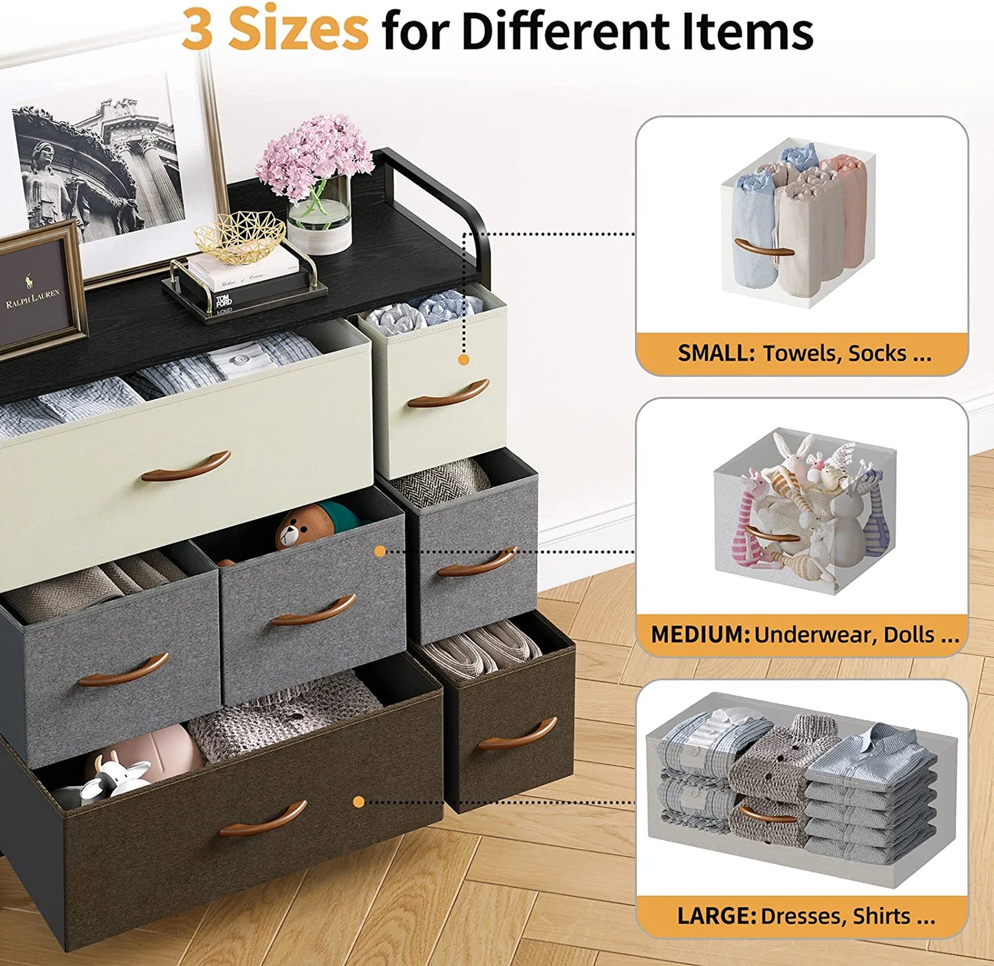 Dresser with 7 Drawers, Tall Dresser with Wood Top, 3-Tier Dresser Changeable Fabric Dresser Organizer Unit for Bedroom/Living Room/Closets，Multicolor