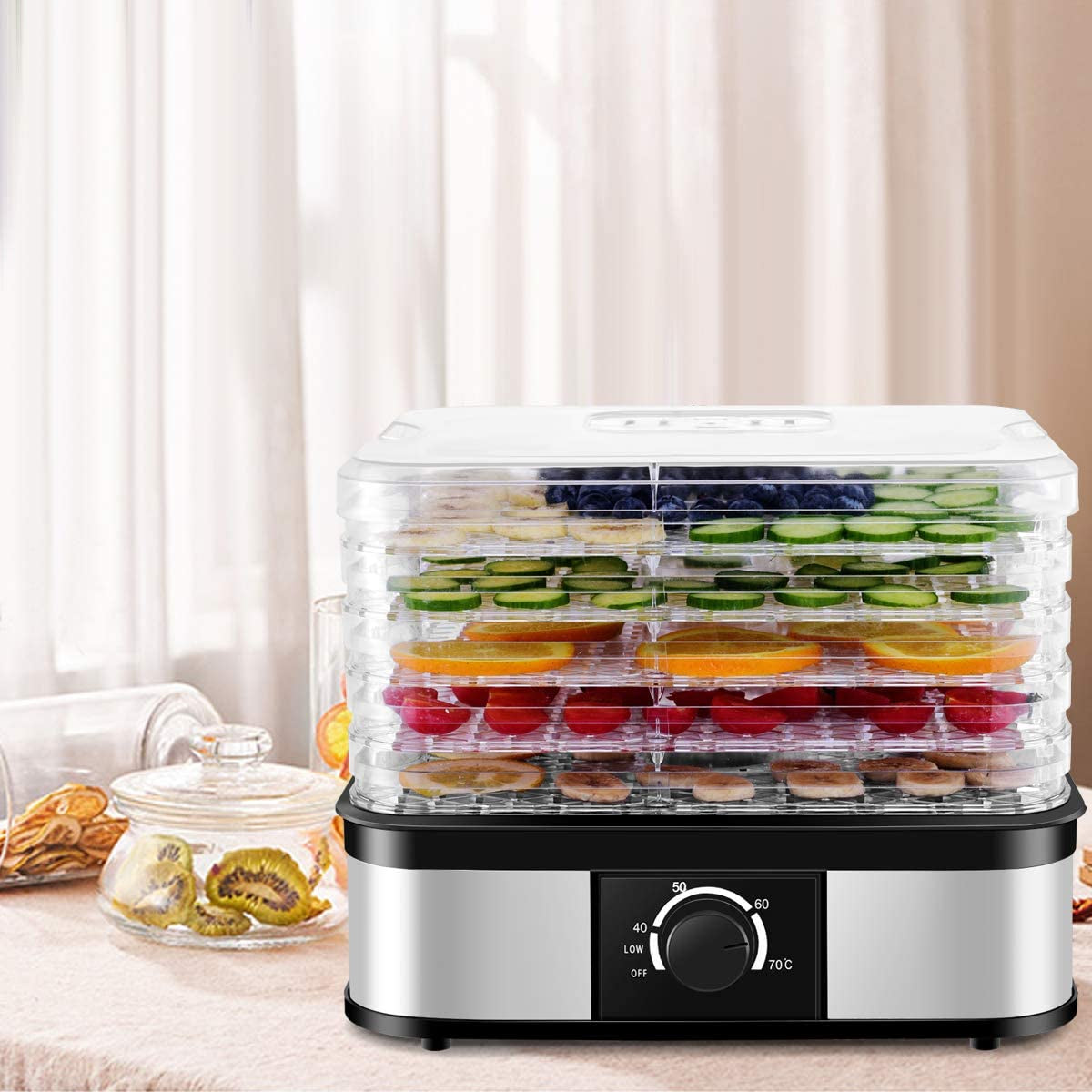 Food Dehydrator, Electric 5-Tire Fruit Vegetable Dryer with Adjustable Temperature Control from 104?-158?, 5 Stackable Drying Trays (Knob Adjustment)