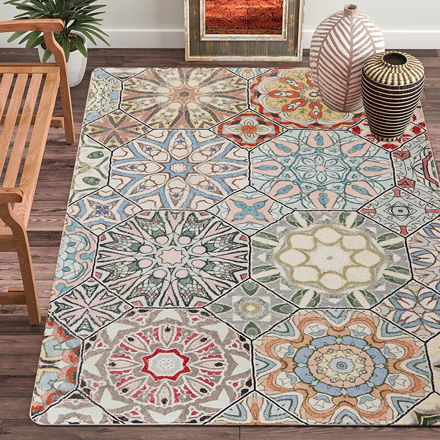 Collection Traditional Rectangle Throw Rugs 3' X 5' Faux Wool Area Rug Non-Slip Backing Soft Distressed Modern Floor Carpet Floral Medallion Living Room Rug for Sofa Dining Room Bedroom
