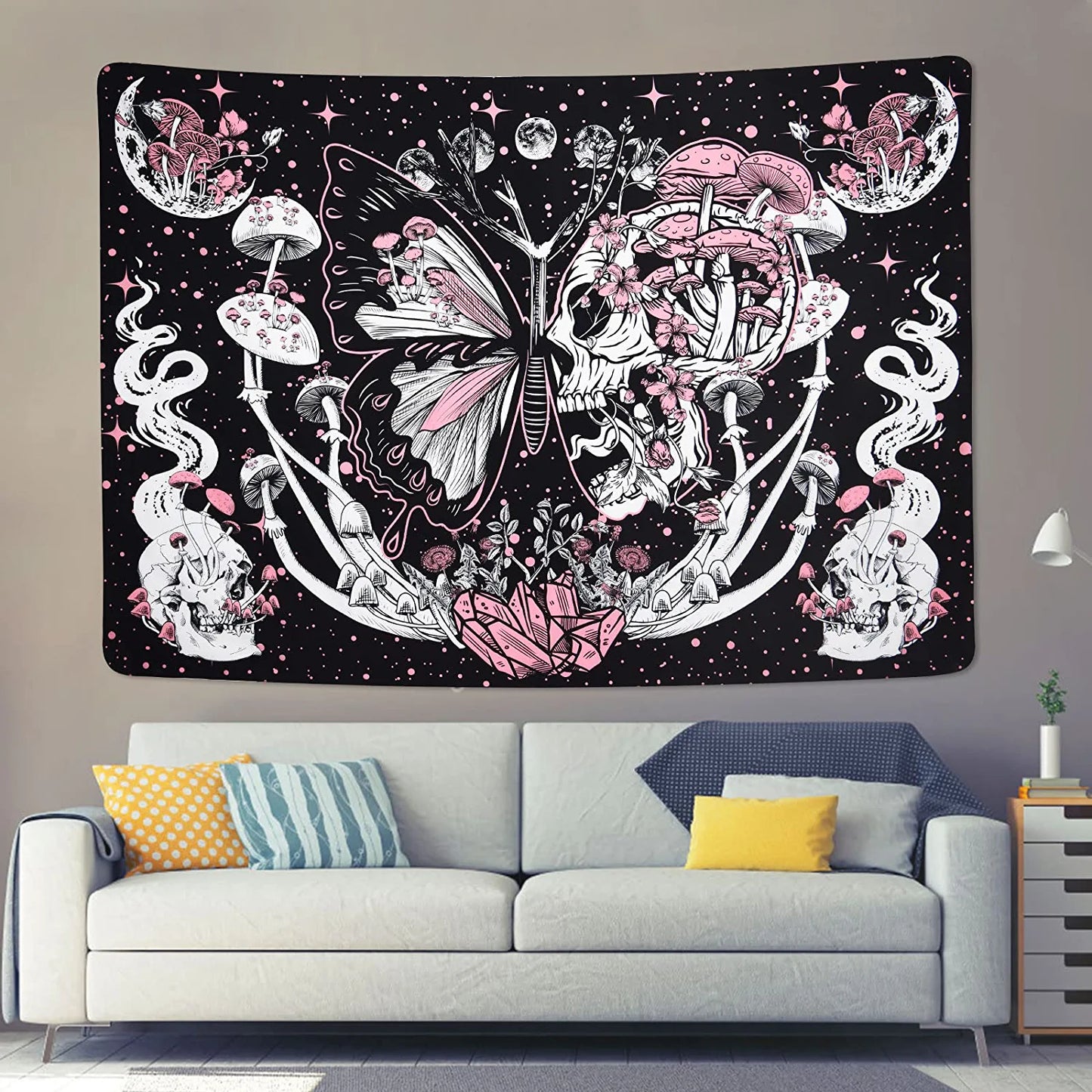 Skull Tapestry Hippie Mushroom Tapestries Aesthetic Moth Tapestry Moon and Stars Tapestry Snake Tapestry Wall Hanging for Room(51.2 X 59.1 Inches)