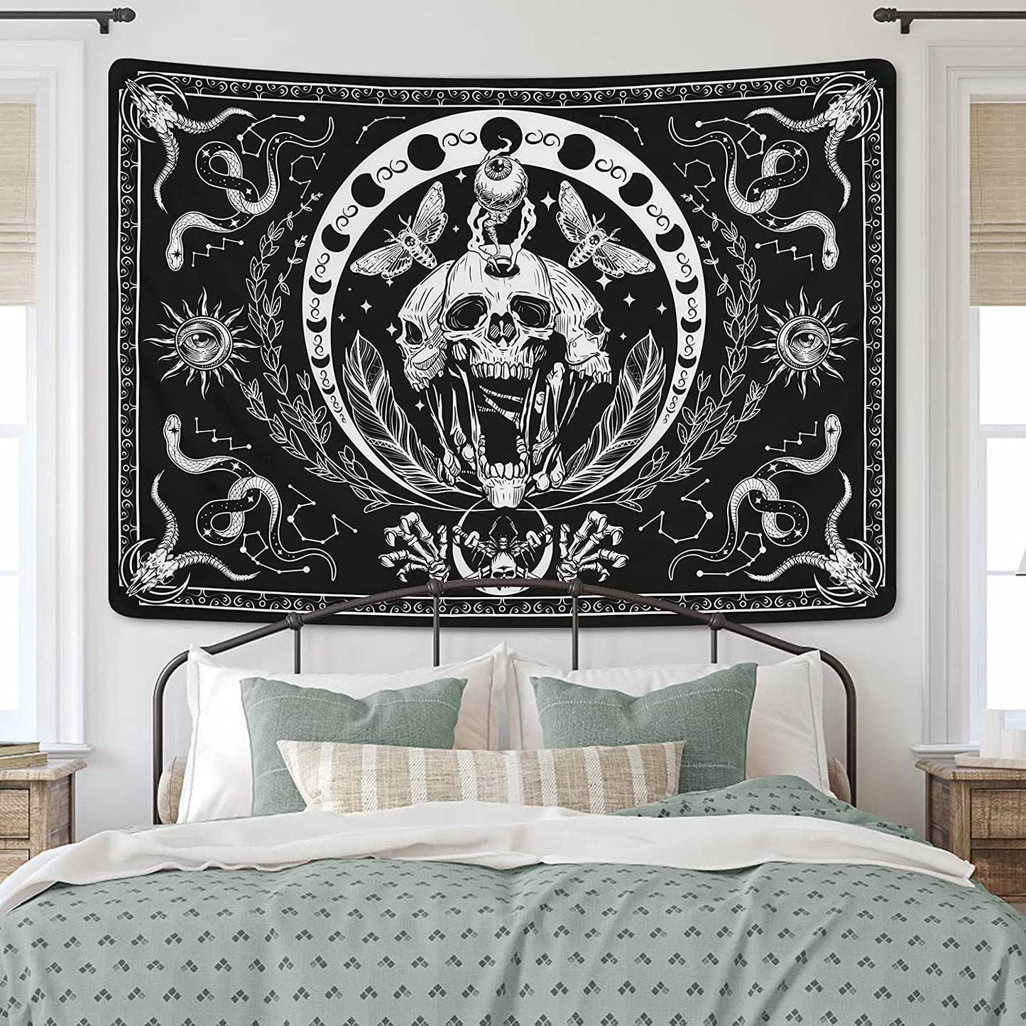 Skull Tapestry Black and White Tapestries Snake Tapestry Moth Tapestry Trippy Skeleton Tapestry Mandala Moon Phase Tapestry Wall Hanging for Room(51.2 X 59.1 Inches)