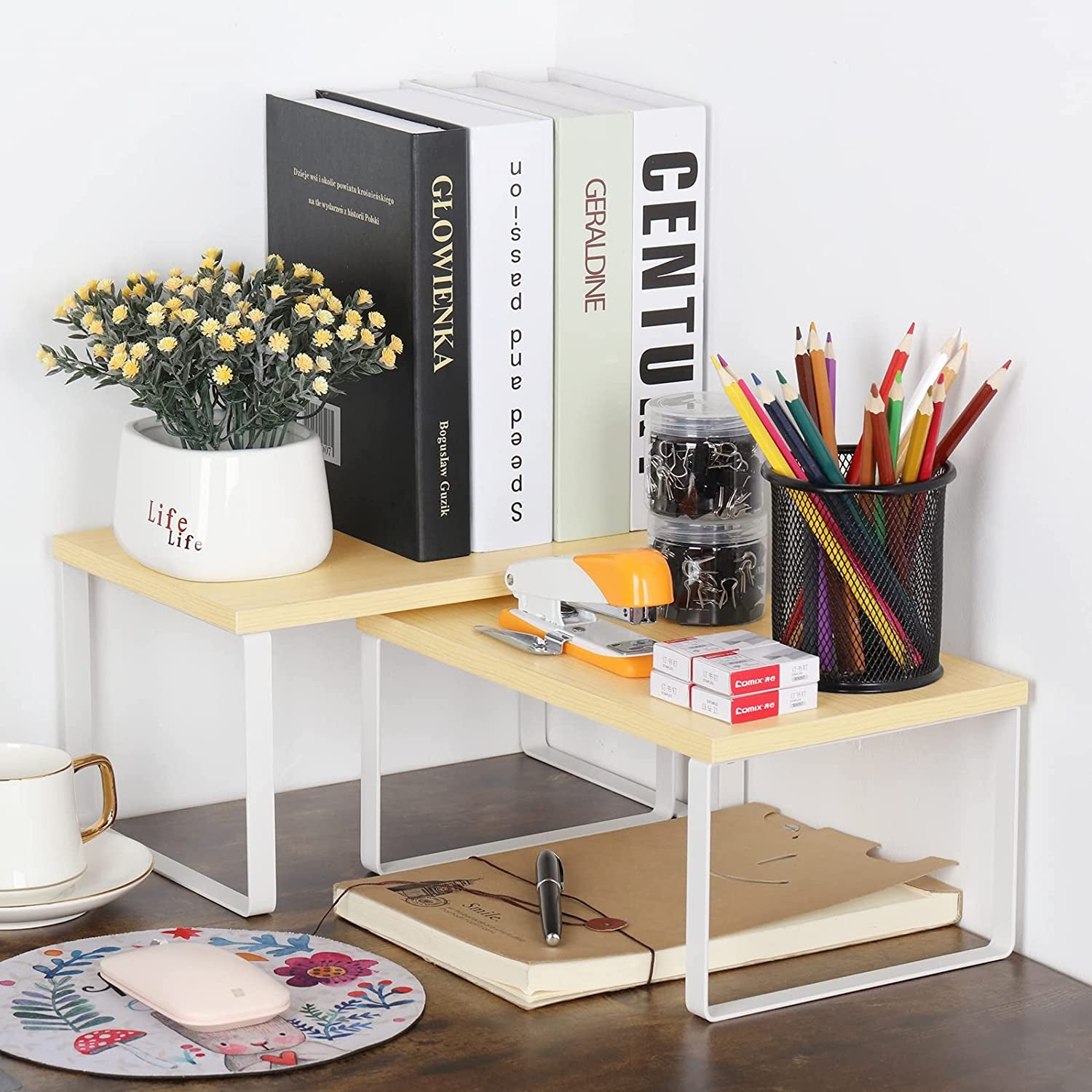 Set of 2 Cabinet Kitchen Shelves Stackable Countertop Shelf and Expandable Wood Cabinet Organizer Shelves for Bathroom Study Room, White