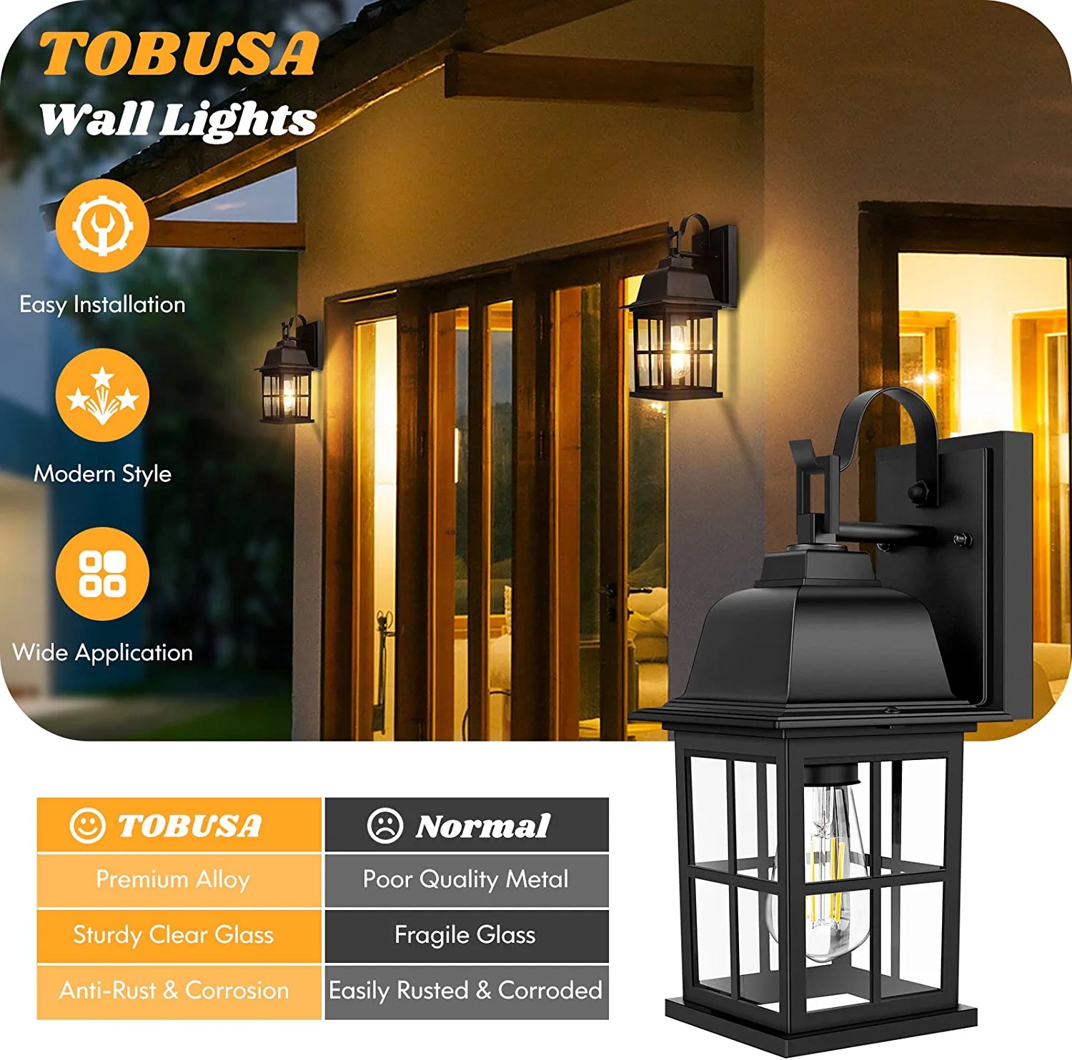 2-Pack Outdoor Light Fixtures Wall Mount, 100% Aluminium Waterproof Exterior Wall Lantern, Anti-Rust outside Black Wall Sconce Porch Lights for House Garage, Doorway, Bulbs Not Included