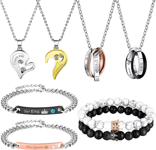 8 Pieces Couples Necklace Bracelet Matching Bracelets Set for Women Men, Her King His Queen I Love You Heart Crown Necklaces Boyfriend Girlfriend for Valentines Jewelry Gift