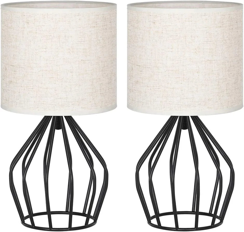 Modern Farmhouse Lamps - Black Metal Table Lamps with Hollowed Out Base , Bedside Lamps Set of 2 with Linen Fabric Lampshade for Bedrooms, Living Room