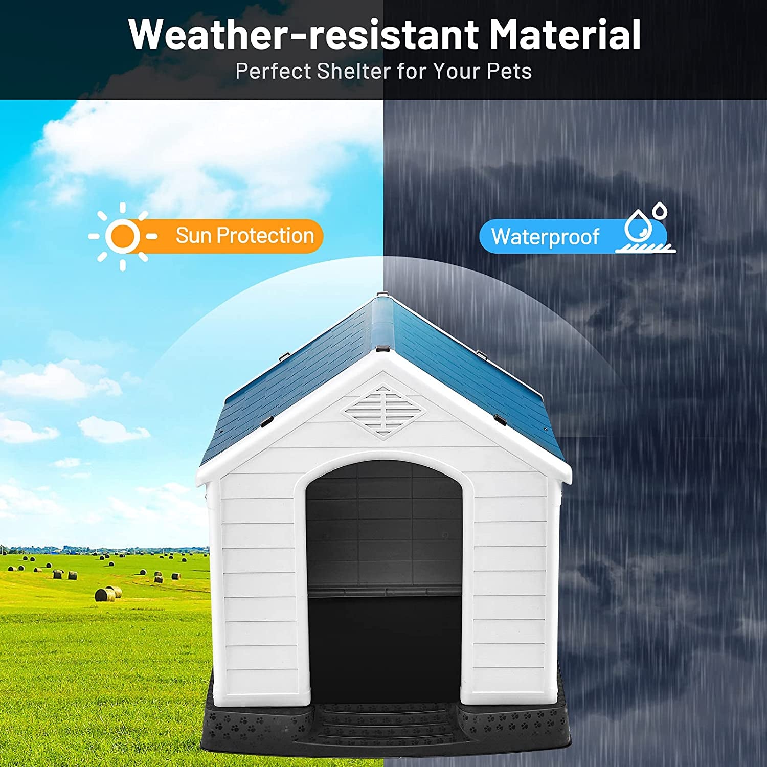 Dog House for Small Dogs, Waterproof Plastic Dog Houses with Air Vents and Elevated Floor, Easy to Assemble, Outdoor Cat Feeding Station Indoor Patio Backyard Dog Kennel House