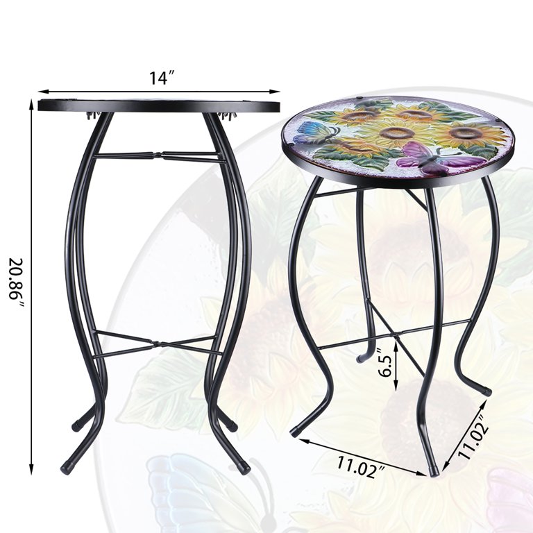 Mosaic Side Table Outdoor for Patio, Indoor Accent Table Coffee Table for Bistro, Plant End Table Small, Sunflower Round Glass Plant Table Stands