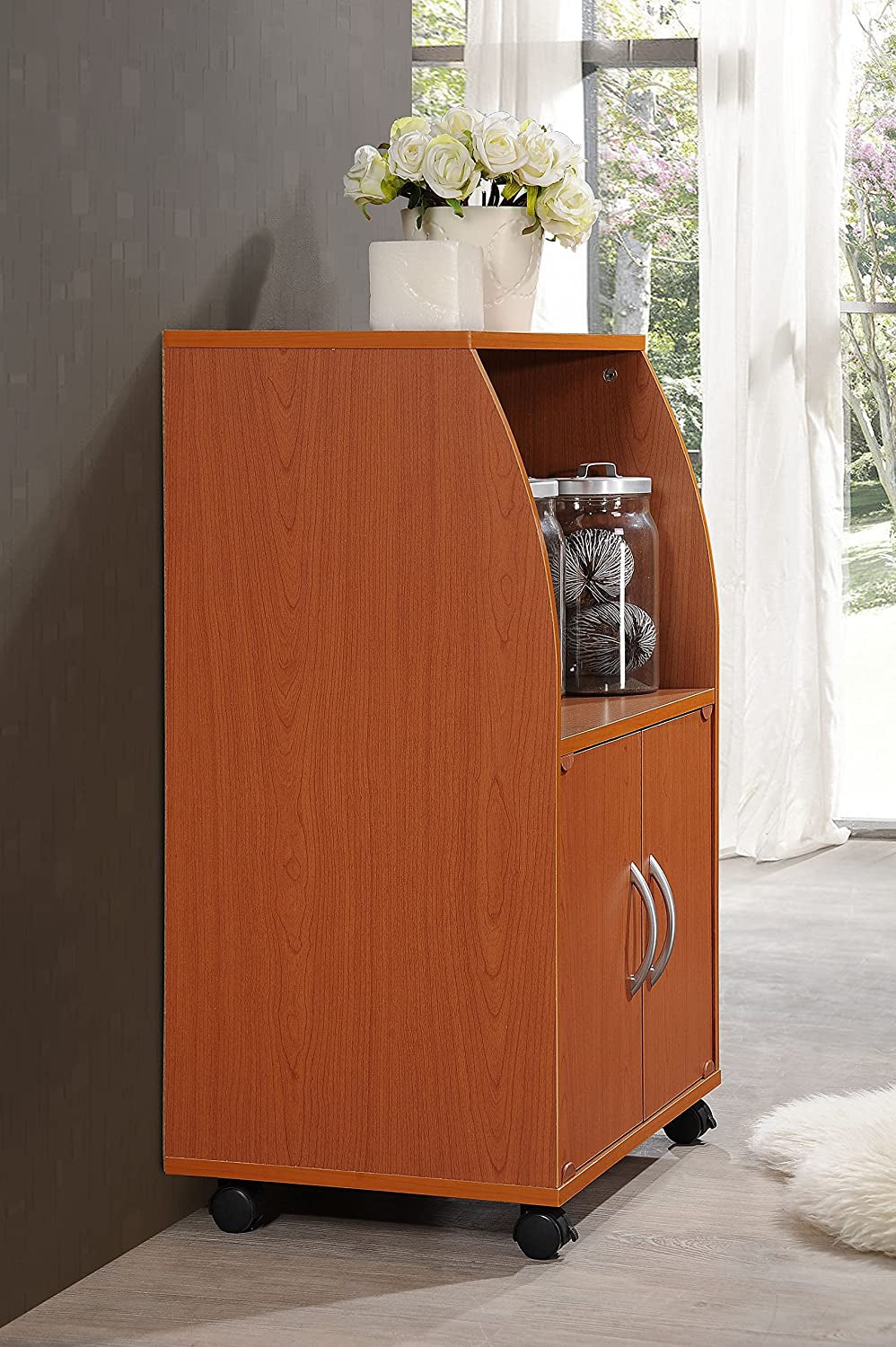 Mini Microwave Cart with Two Doors and Shelf for Storage, Cherry