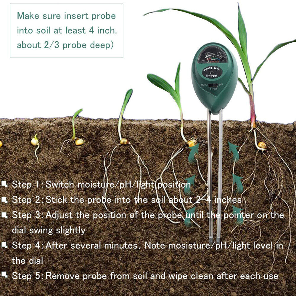 3 in 1 Soil Moister Tester Water Ph Light Test Meter Kit Gardening Grass Plants