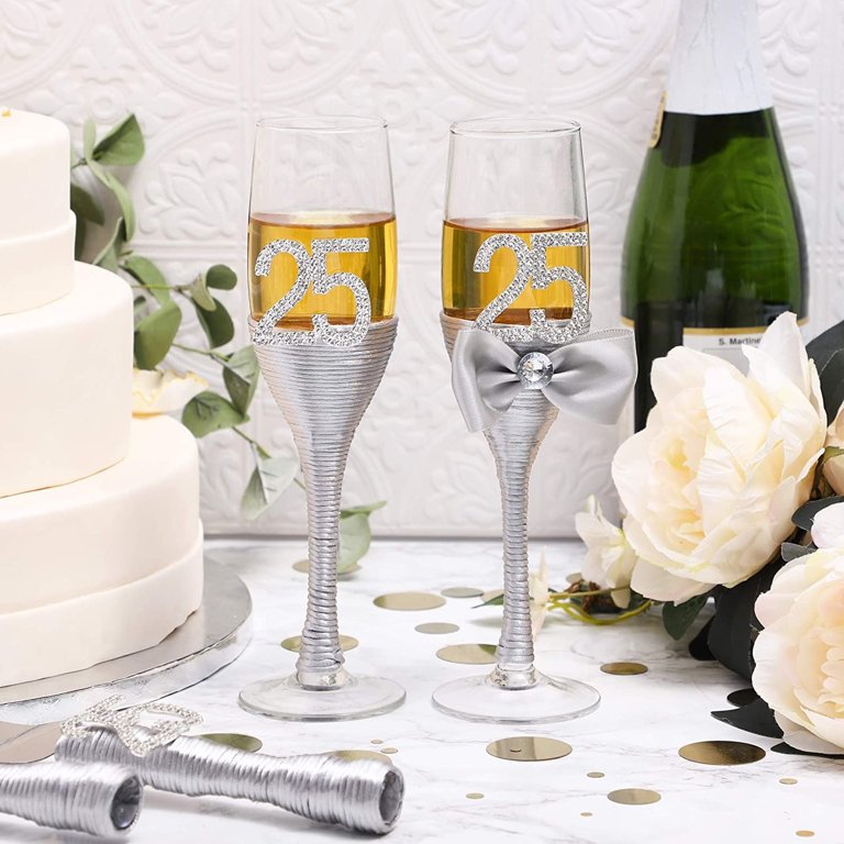 Set of 2 25th Wedding Anniversary Champagne Flutes Glasses for Mr and Mrs Toasting Party Celebration Gift