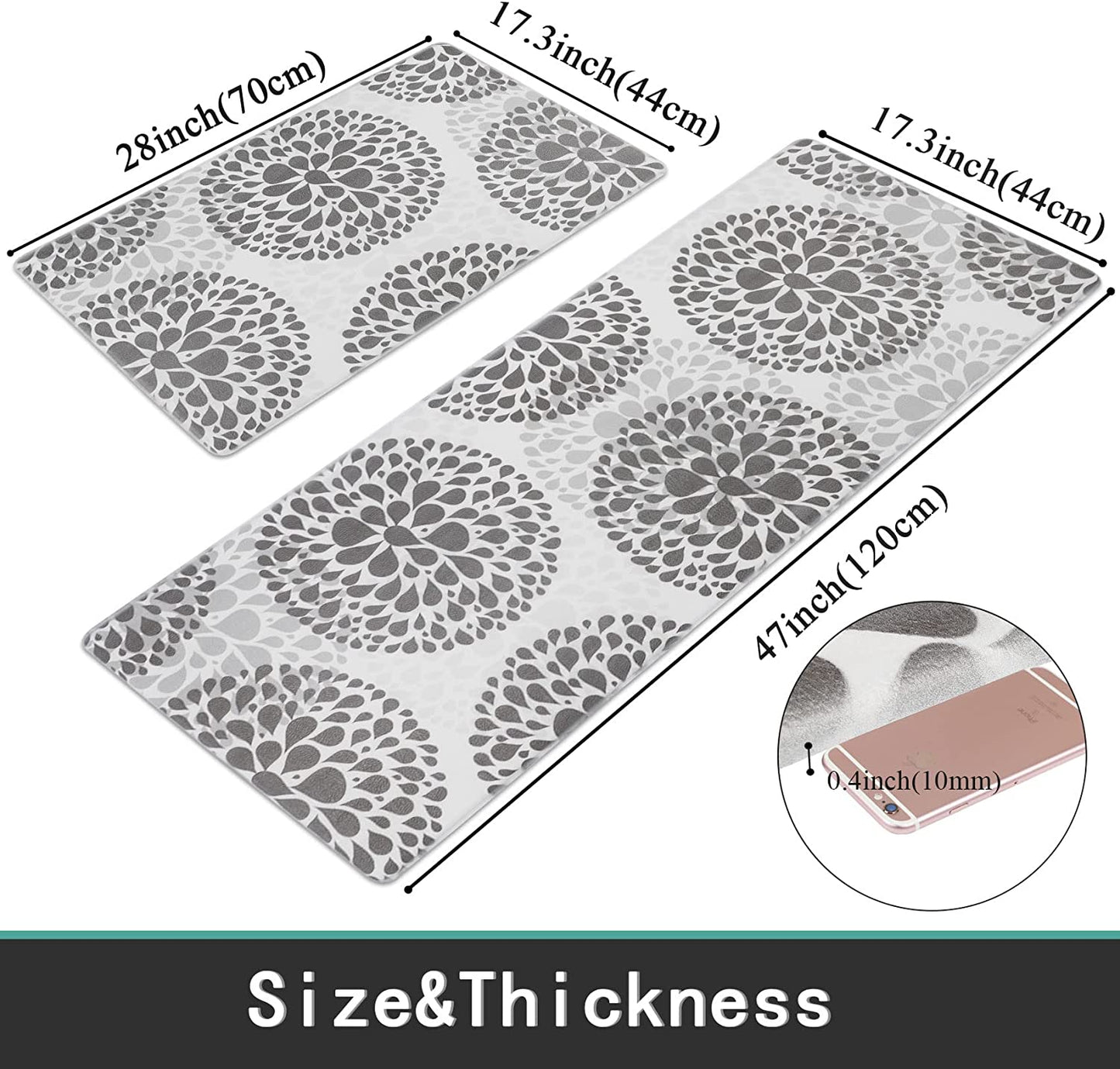 Kitchen Rugs Set anti Fatigue Kitchen Floor Mat Easy to Clean 2Piece Non Slip Comfort PVC Leather Heavy Duty Standing Mats Indoor Outdoor (Grey Drop)