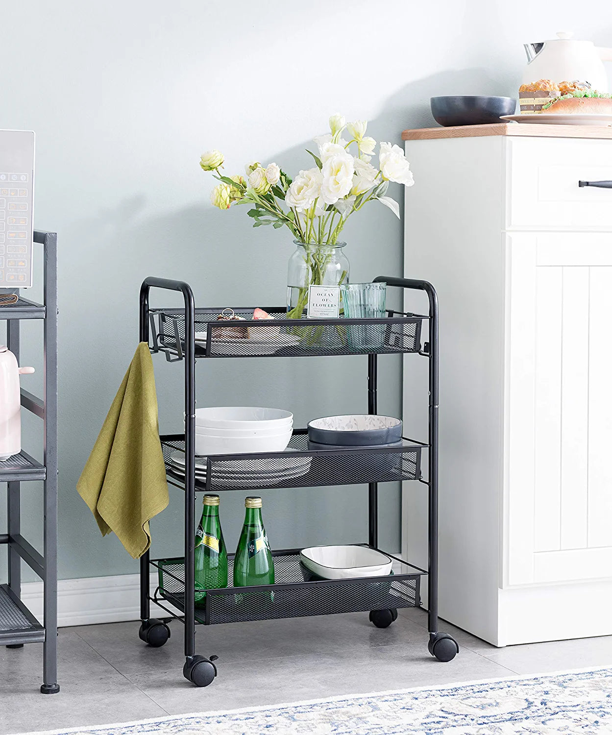 3-Tier Rolling Utility Storage Rack Cart on Wheels, Trolley Craft Cart, Multi-Purpose Organizer Shelf, Black