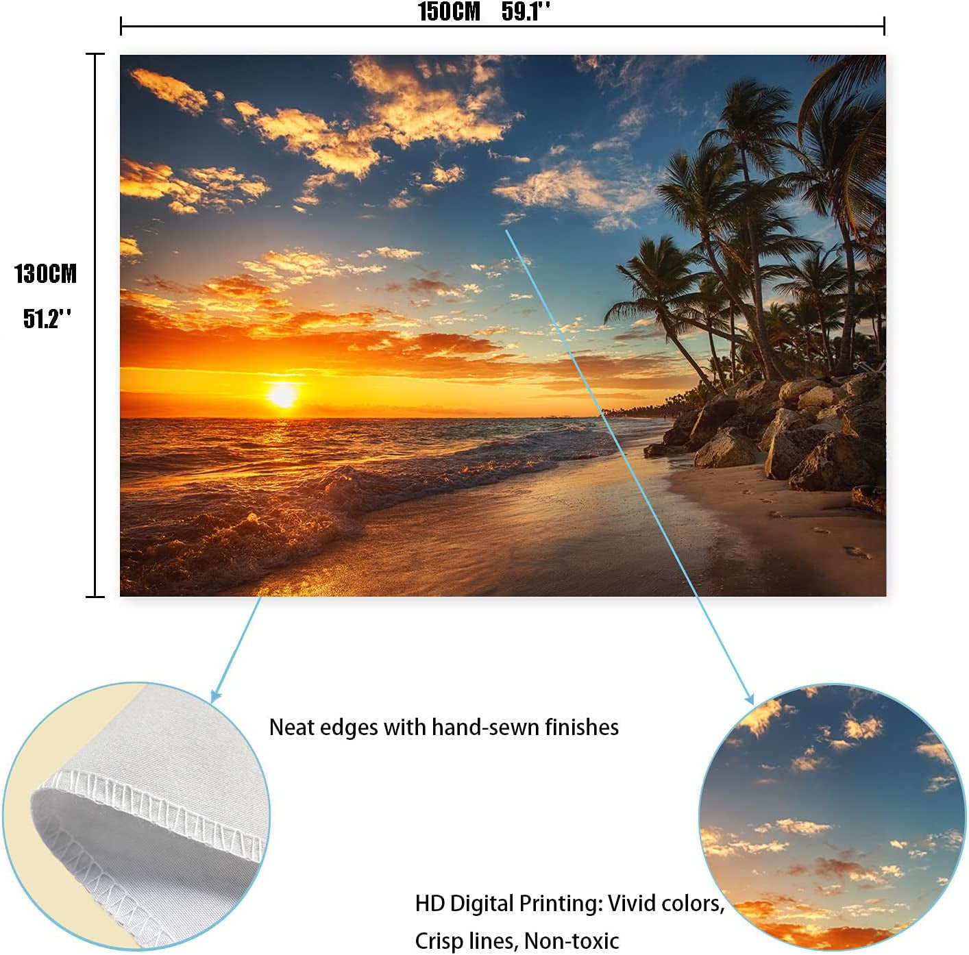 Ocean Tapestry Wall Hanging Art Tapestry Exotic Nature Beach Palm Tree Sunrise Sunset Sky Landscape Aesthetic Tapestry Wide Wall Hanging for Bedroom Living Room Dorm (51 X 59Inch)