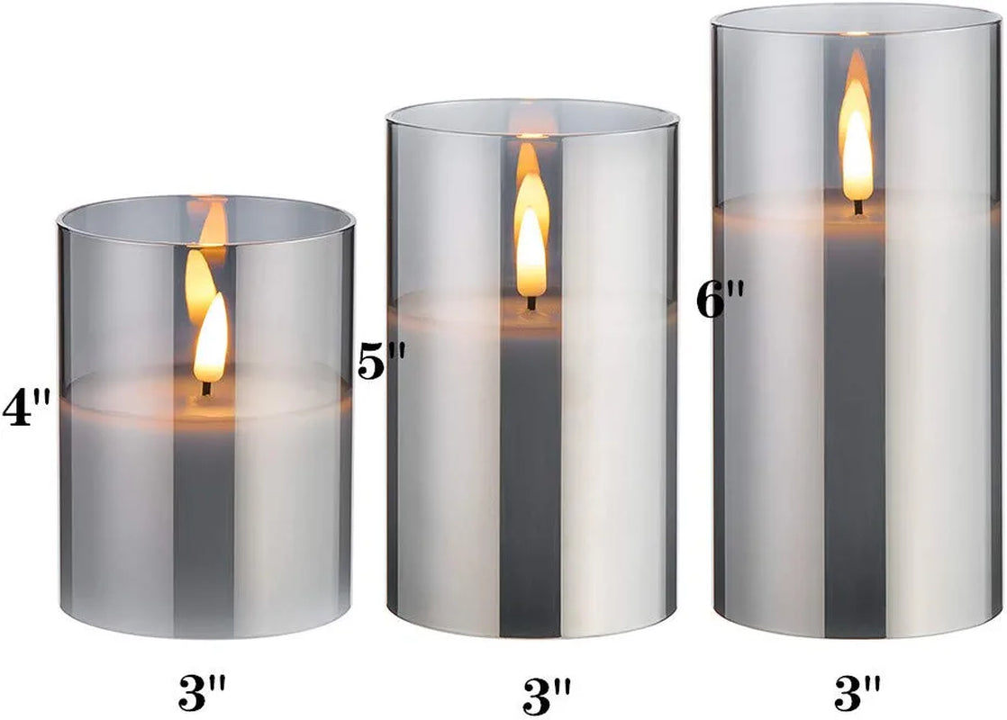 Glass Flameless Candles with Remote Battery Operated Flickering LED Pillar Candles Real Wax Wick 3 Pack D 3" H 4" 5" 6" Grey