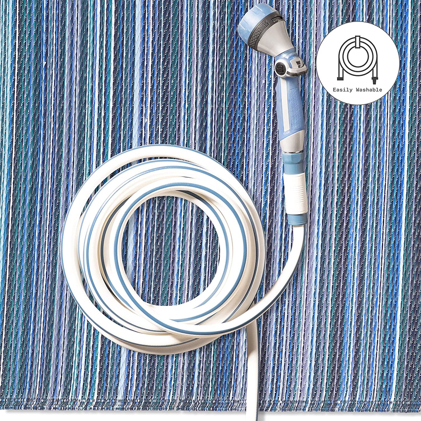 Outdoor Rug - Waterproof, Fade Resistant, Crease-Free - Premium Recycled Plastic - Striped - Patio, Deck, Porch, Balcony, Laundry Room - Cancun - Indigo - 4 X 6 Ft