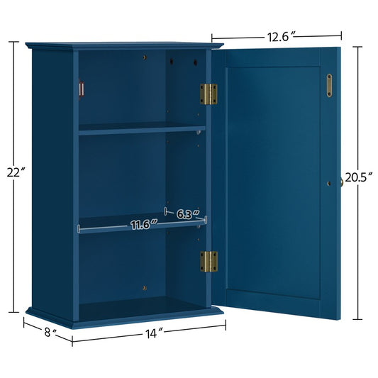3 Tiers Wall Mounted Storage Cabinet Single Door Store Medicine Foods Cups for Bathroom Kitchen Living Room, Navy Blue