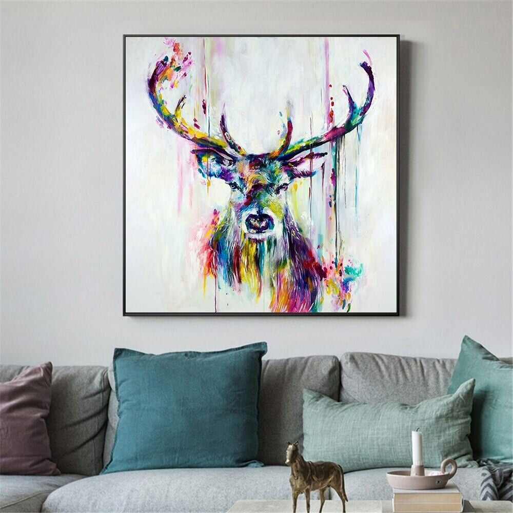 Rainbow Color Deer Animal Oil Painting Canvas Wall Art Living Room Home Décor