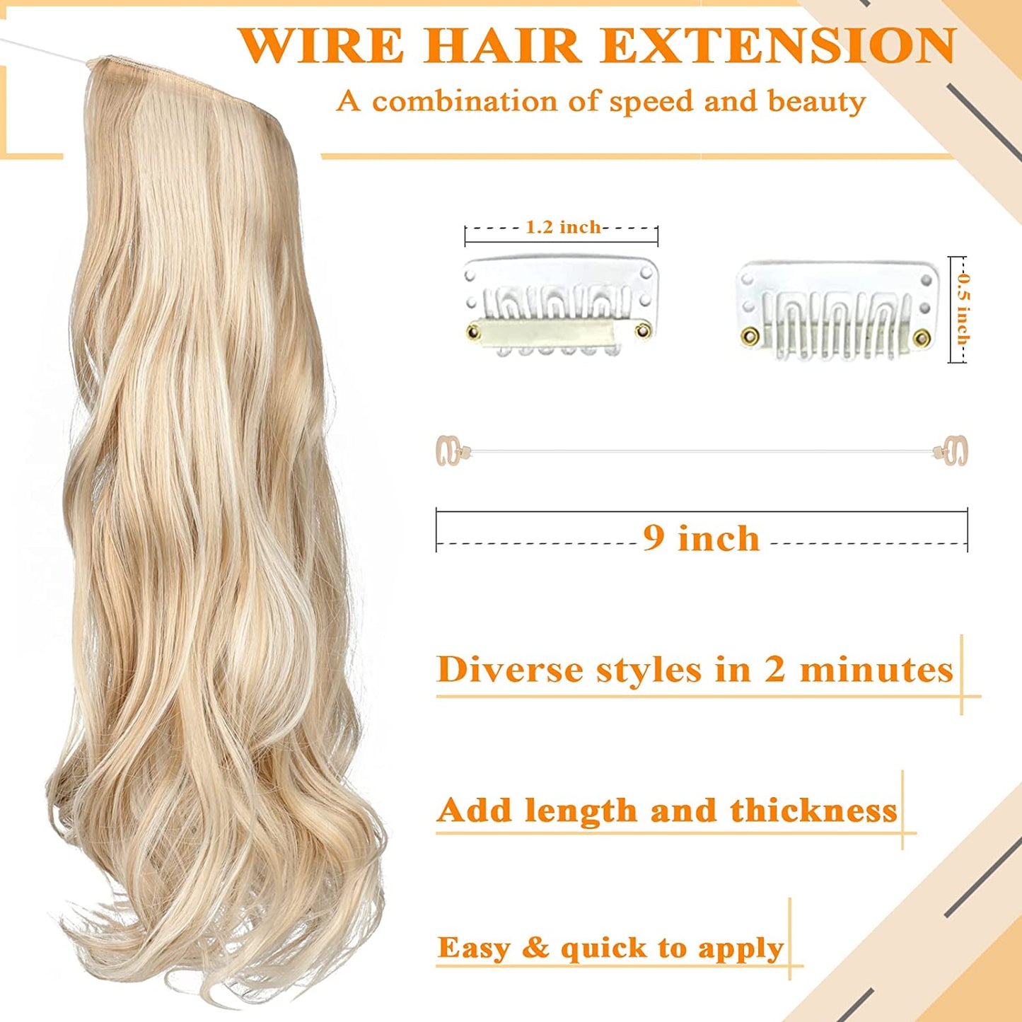 Serect Hair Extension 20" Curly Wavy Invisible Wire Adjustable Hair Extensions Fish Line Flip in Synthetic Hairpiece for Women Bleach Blonde Mix Light Ash Blonde