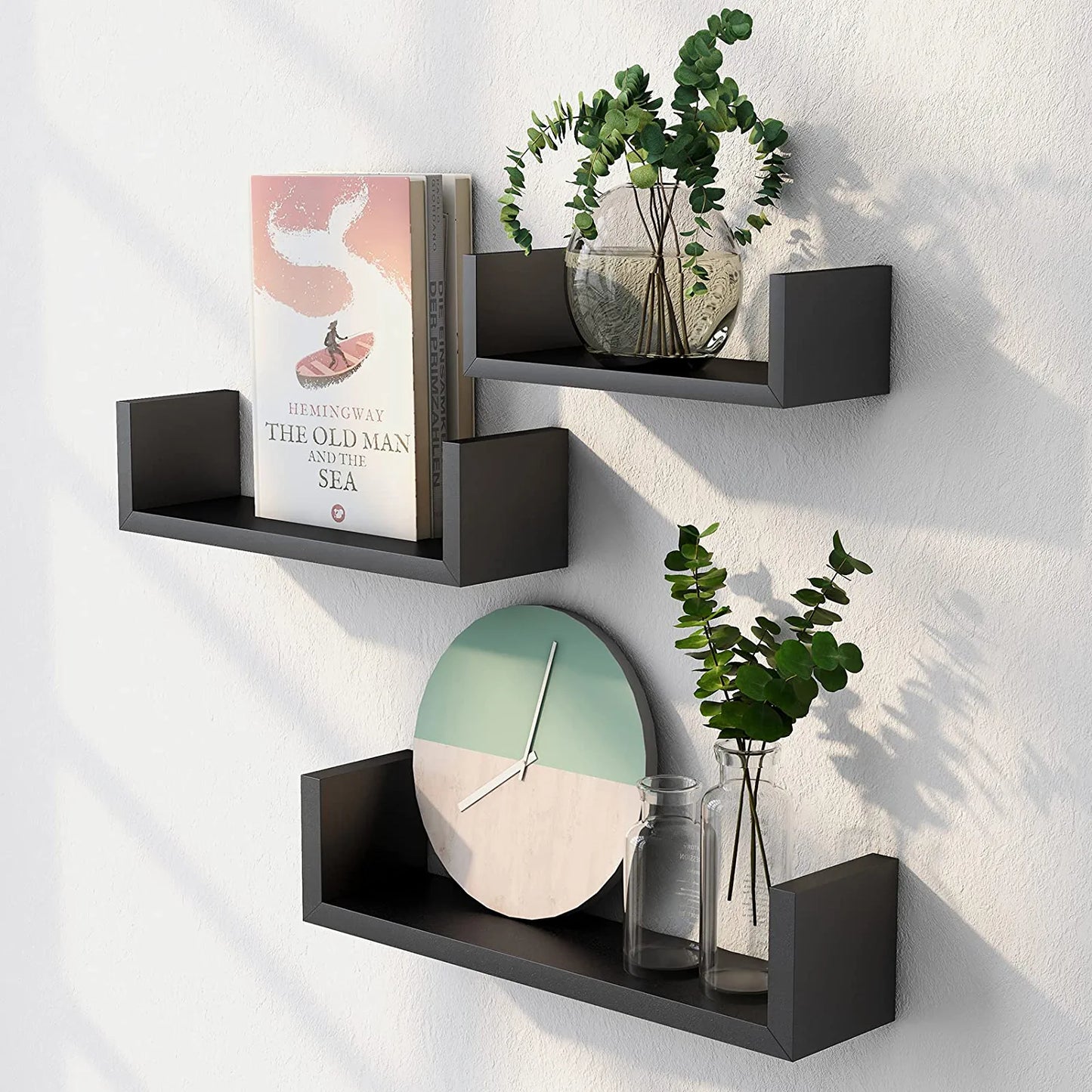 Floating Shelves U-Shaped, Wall Shelf 3 Sizes, Black Floating Shelves for Bathroom/Bedroom/Living Room/Kitchen - AMFS13-B