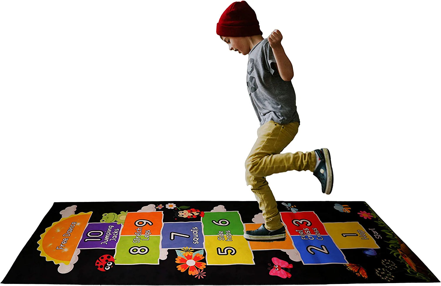 Hopscotch Rug - Kids Rug - Playroom Rug for Kids Room, Daycare, Nursery - Cute Indoor or Outdoor Play Carpet for Children - Fun, Educational Games for Boys & Girls (Black)