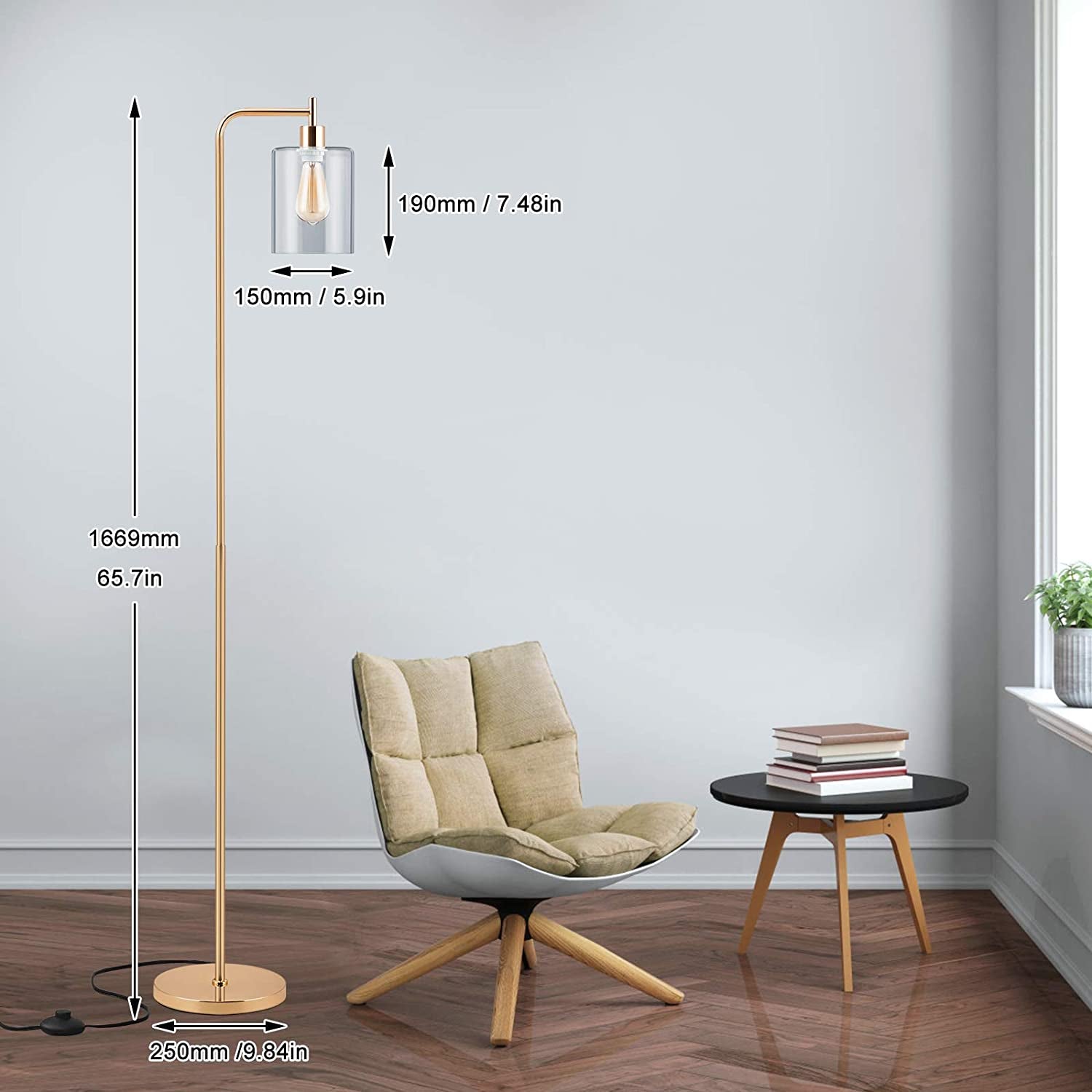 Gold Tall LED Floor Lamp Included Bulb, Modern Standing Lamp with Hanging Glass Shade, Farmhouse Indoor Simple Floor Lamp, Industrial Pole Light for Living Room, Bedroom, Office, Home Decor
