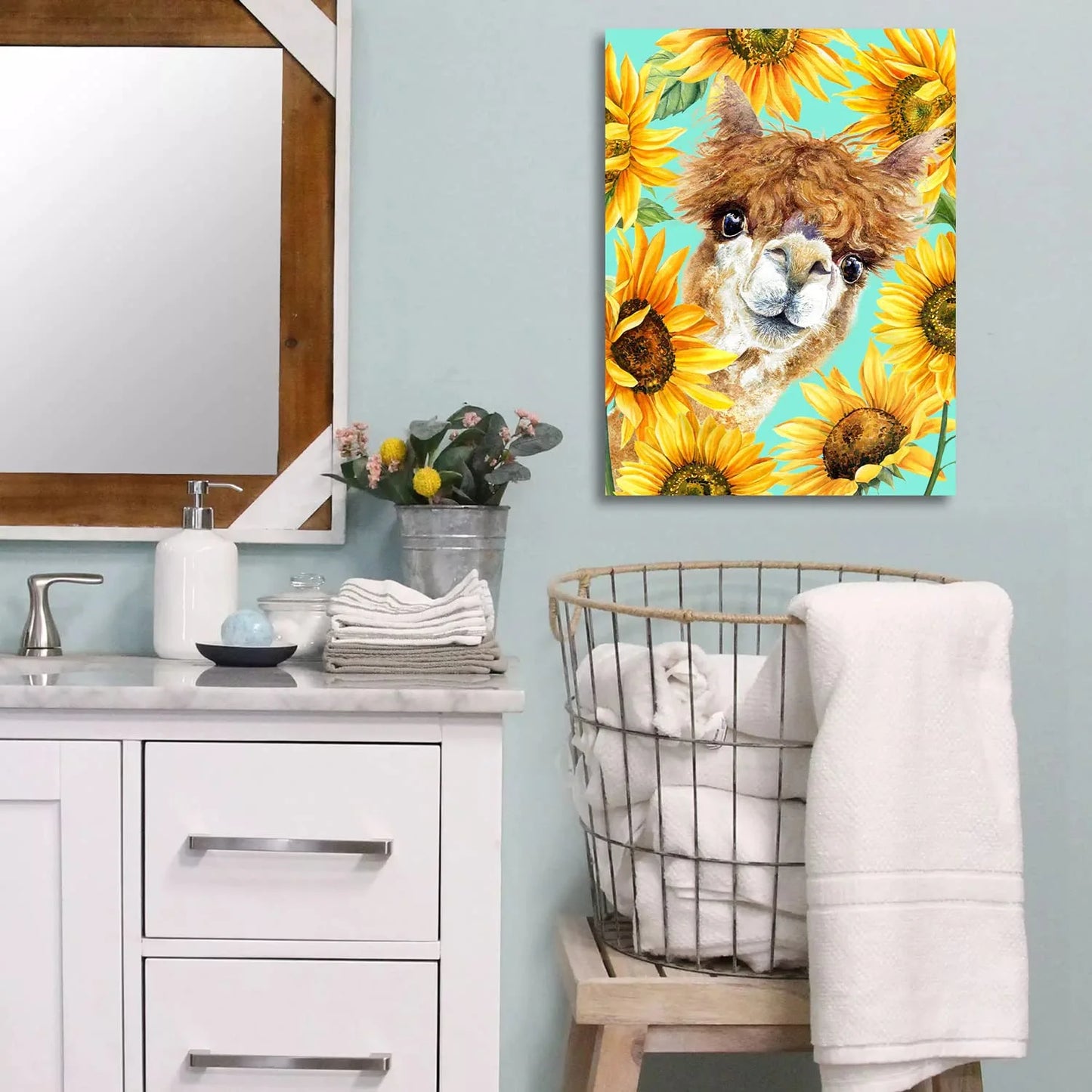 Alpaca Portrait Wall Art Funny Country Animal Canvas Printing Llama Picture Rural Animal Sunflowers Wall Painting Adorable Artwork for Living Room Kids Room Bedroom Nursery Decor Poster 12X16Inch