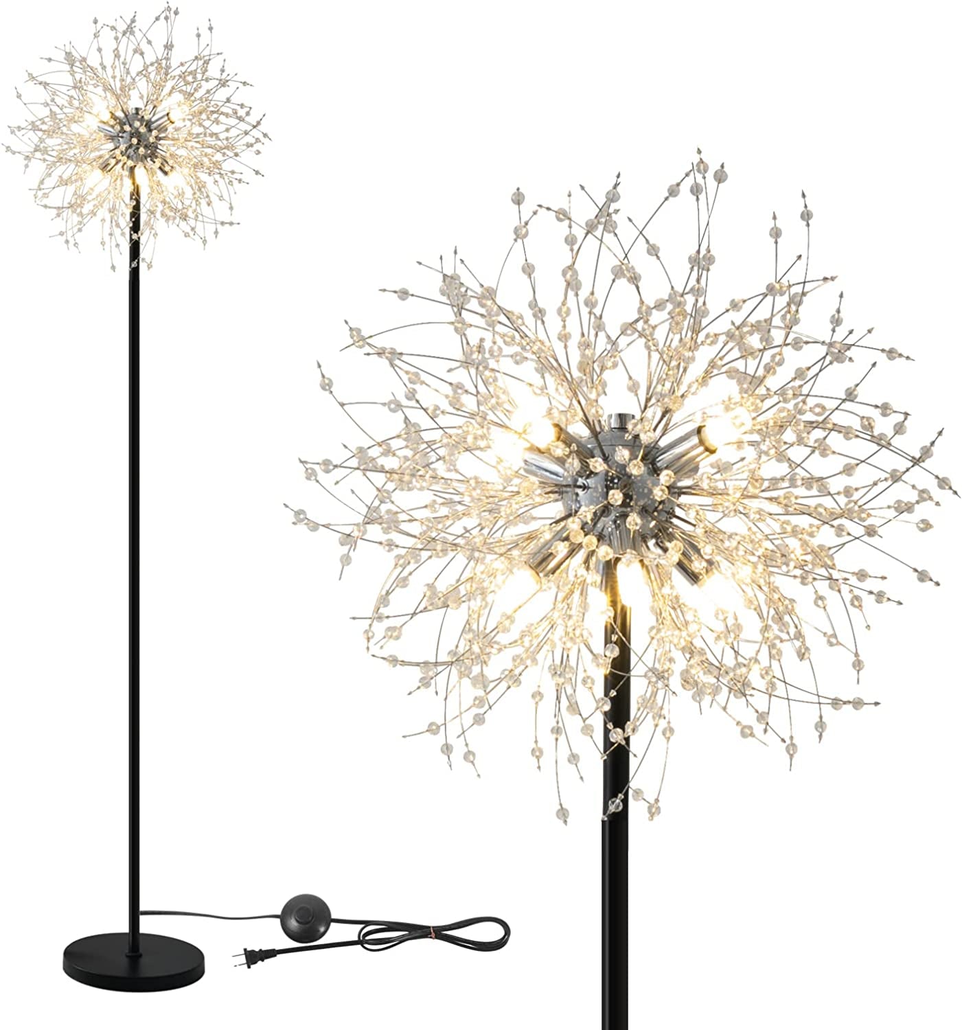 Crystal Floor Lamp for Bedroom and Living Room, Elegant Standing Lamp with 8 Lights and 63" Tall Pole, Modern Floor Lamp for Room Decor with 32 Firework Crystal Harnesses