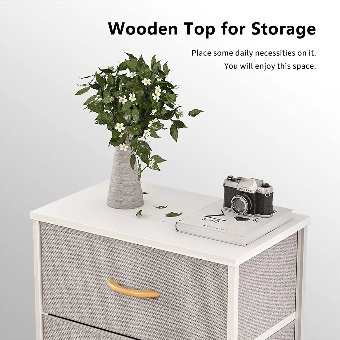 Dresser Nightstand, beside Table for Bedroom, Small Kids Bedroom Fabric Tall Dresser 2 Drawer Storage Tower Organizer Unit for Hallway Entryway Closets, Steel Frame Wood Top, Light Grey