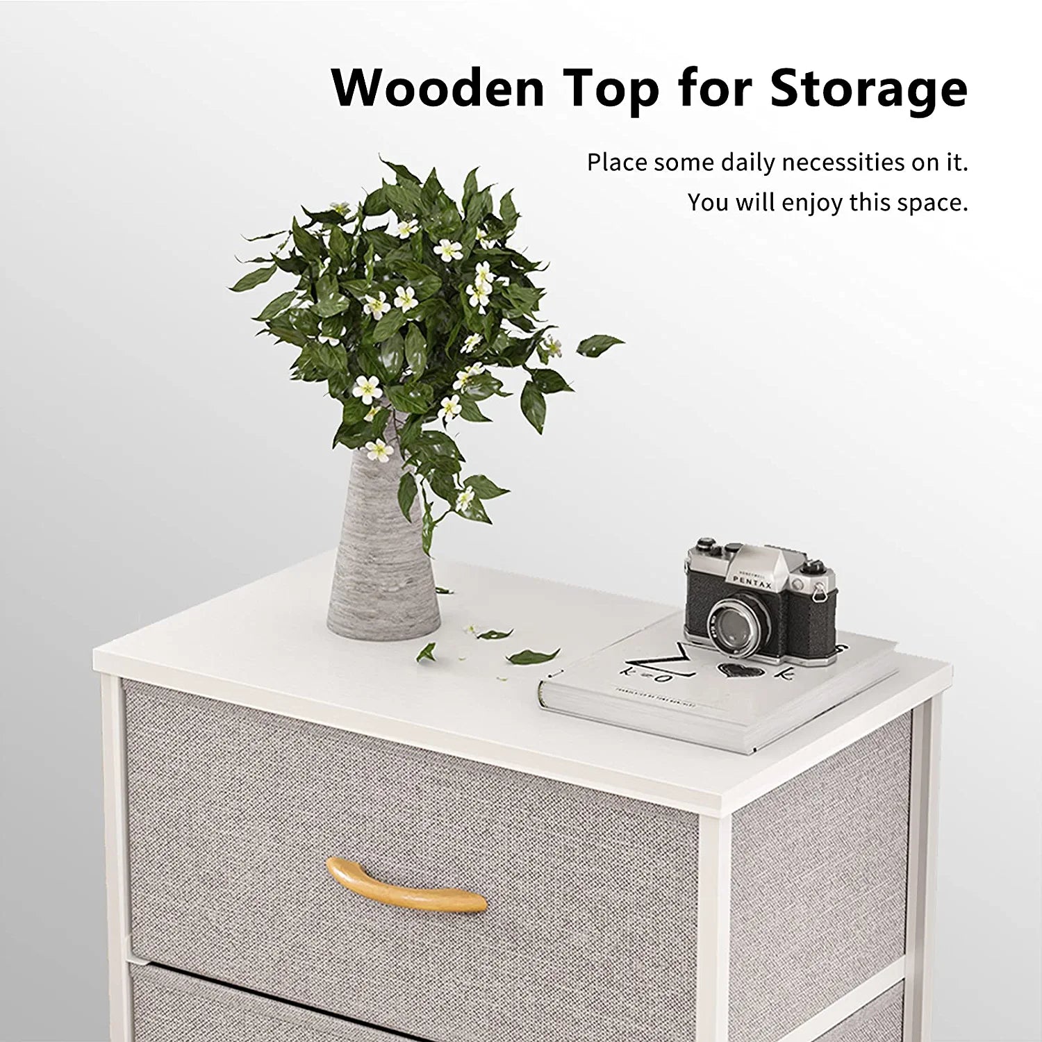 Dresser Nightstand, beside Table for Bedroom, Small Kids Bedroom Fabric Tall Dresser 2 Drawer Storage Tower Organizer Unit for Hallway Entryway Closets, Steel Frame Wood Top, Light Grey