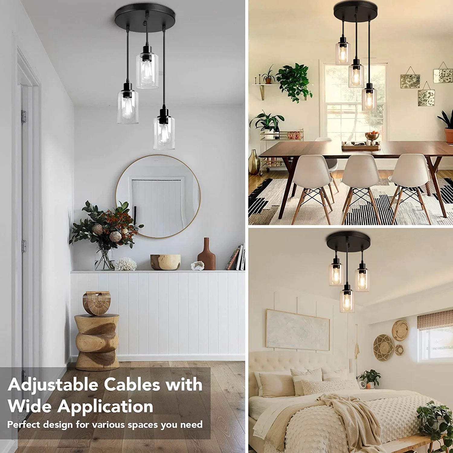 Industrial 3-Light Pendant Light, Adjustable Hanging Light Fixture with Clear Glass Shade, Mini Pendant Lighting, Vintage Farmhouse Ceiling Lamp for Kitchen Dining Room E26 Base, Black
