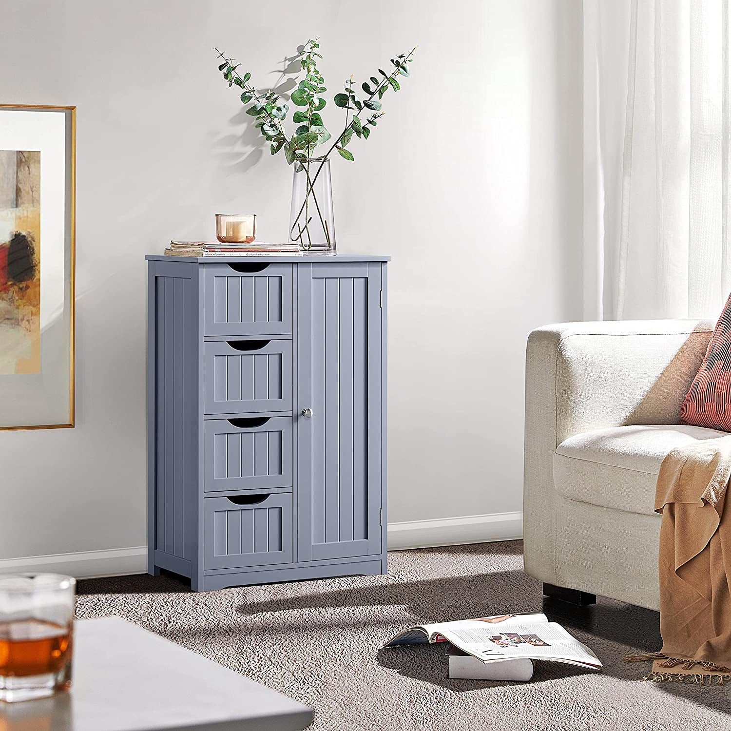 Bathroom Floor Cabinet, Freestanding Storage Oragnizer Unit Kitchen Cupboard W/ 4 Drawers & Adjustable Shelves, Using for Living Room/Kitchen/Bathroom, Gray