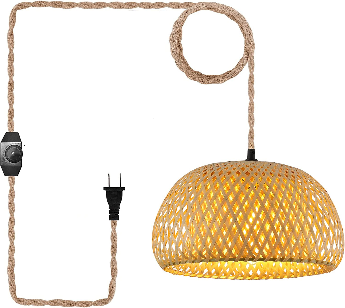 Plug in Pendant Light Rattan Hanging Lamp with Dimmable Switch 14Feet Hemp Rope Cord Bamboo Lampshade Rattan Hanging Lights Fixture with Plug in Cord