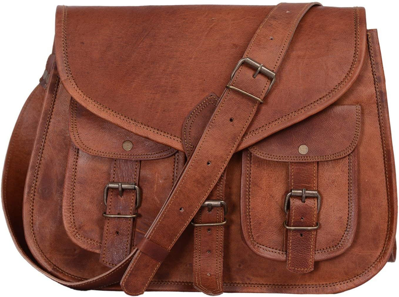 KPL 14 Inch Leather Crossbody Bags Purse Women Shoulder Bag Satchel Ladies Tote Travel Purse Full Grain Leather (Tan Brown)