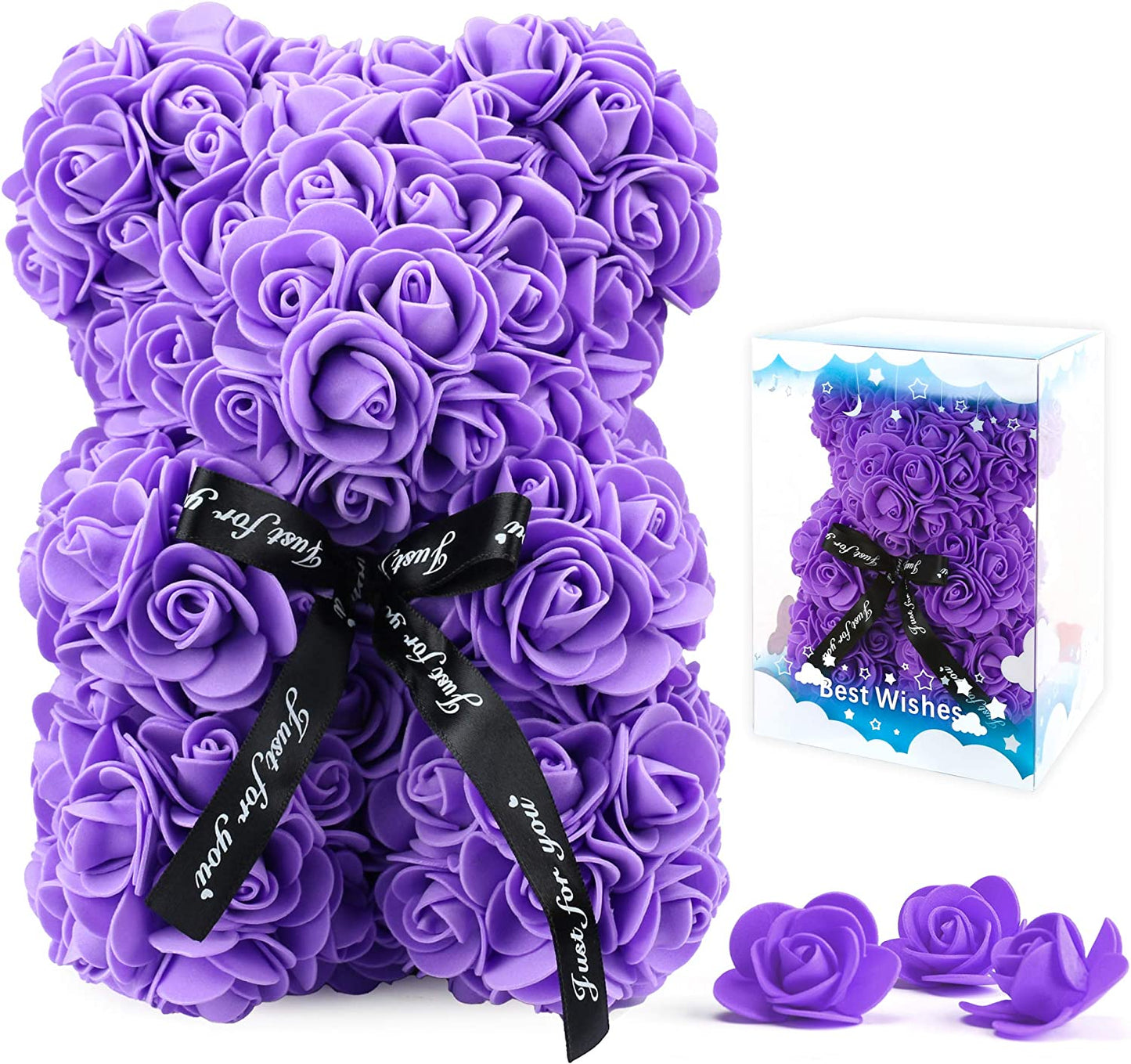 Artificial Flowers Bear for Anyone Love,Flower Gift for Her,Artificial Flowers Forever Bear,Romantic Gift for Her,Valentines,Mother,Anniversary, Birthday ,Wedding,Unique Clear Gift Box
