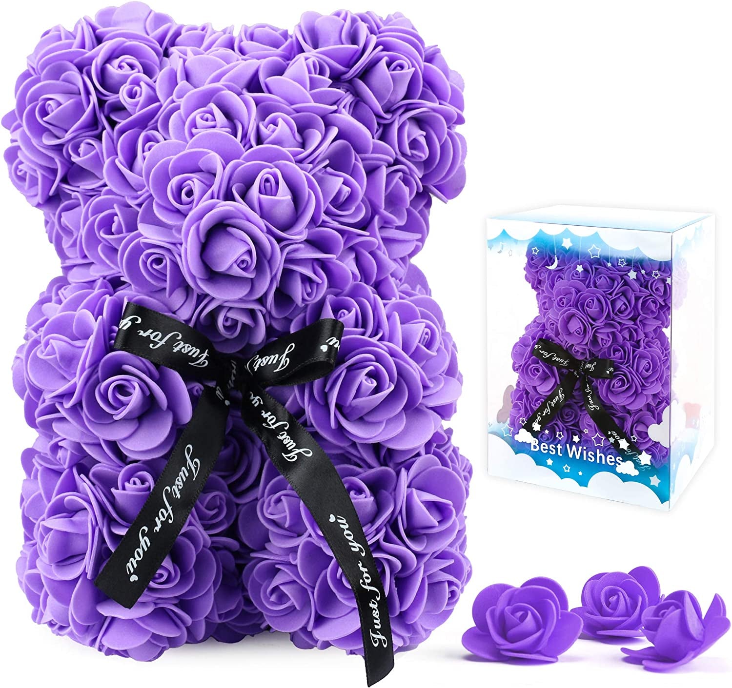 Artificial Flowers Bear for Anyone Love,Flower Gift for Her,Artificial Flowers Forever Bear,Romantic Gift for Her,Valentines,Mother,Anniversary, Birthday ,Wedding,Unique Clear Gift Box
