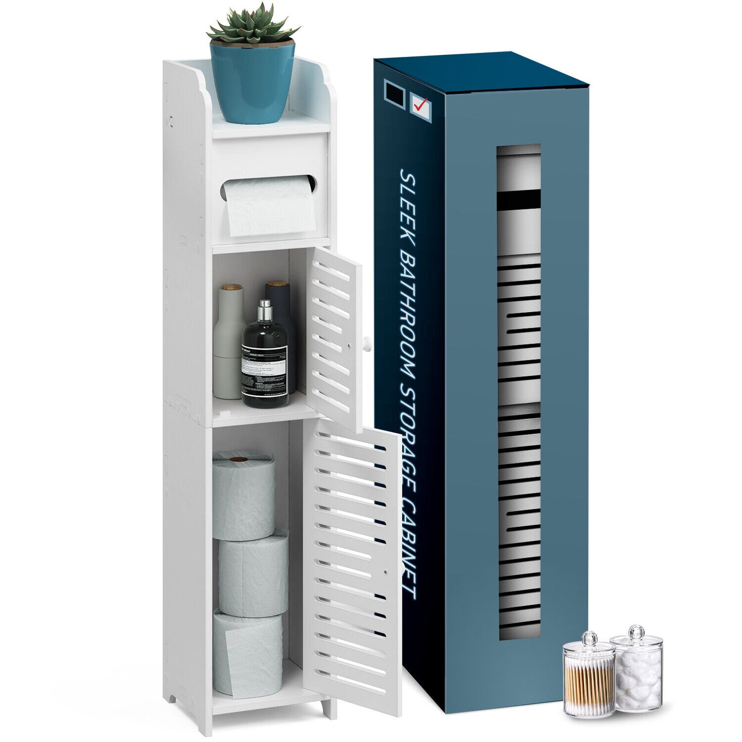 Storage Cabinet Floor Standing Toilet Paper Organizer Shelves with Door Bathroom