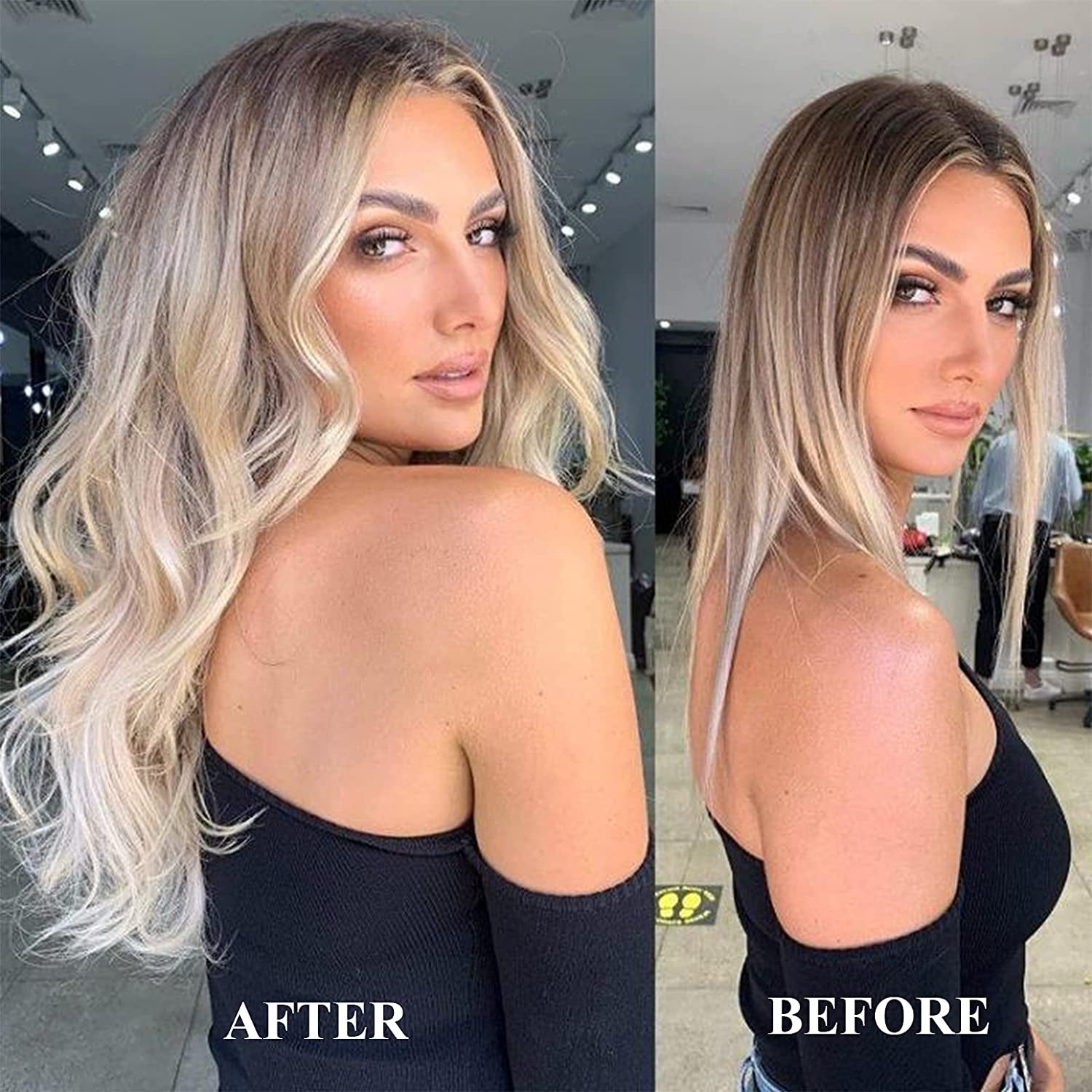 Serect Hair Extension 20" Curly Wavy Invisible Wire Adjustable Hair Extensions Fish Line Flip in Synthetic Hairpiece for Women Bleach Blonde Mix Light Ash Blonde