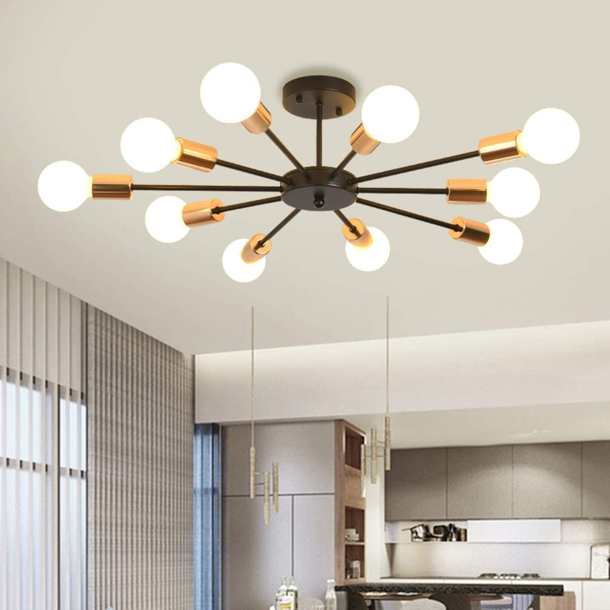 Semi Flush Mount Ceiling Light,10-Light E26 Base Modern Black Sputnik Chandelier,Industrial Ceiling Lamp Fixture for Kitchen Farmhouse Living Room Dining Room
