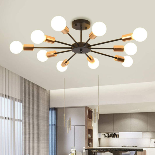 Semi Flush Mount Ceiling Light,10-Light E26 Base Modern Black Sputnik Chandelier,Industrial Ceiling Lamp Fixture for Kitchen Farmhouse Living Room Dining Room