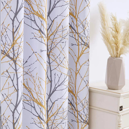 White Tree Curtains for Bedroom 84Inch Half-Blackout Yellow Grey Print Branch Curtains for Living Room Window Treatment Set 50”W Grommet Top Set of 2