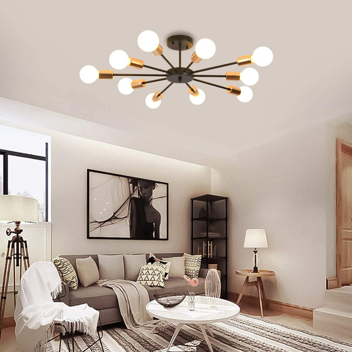 Semi Flush Mount Ceiling Light,10-Light E26 Base Modern Black Sputnik Chandelier,Industrial Ceiling Lamp Fixture for Kitchen Farmhouse Living Room Dining Room