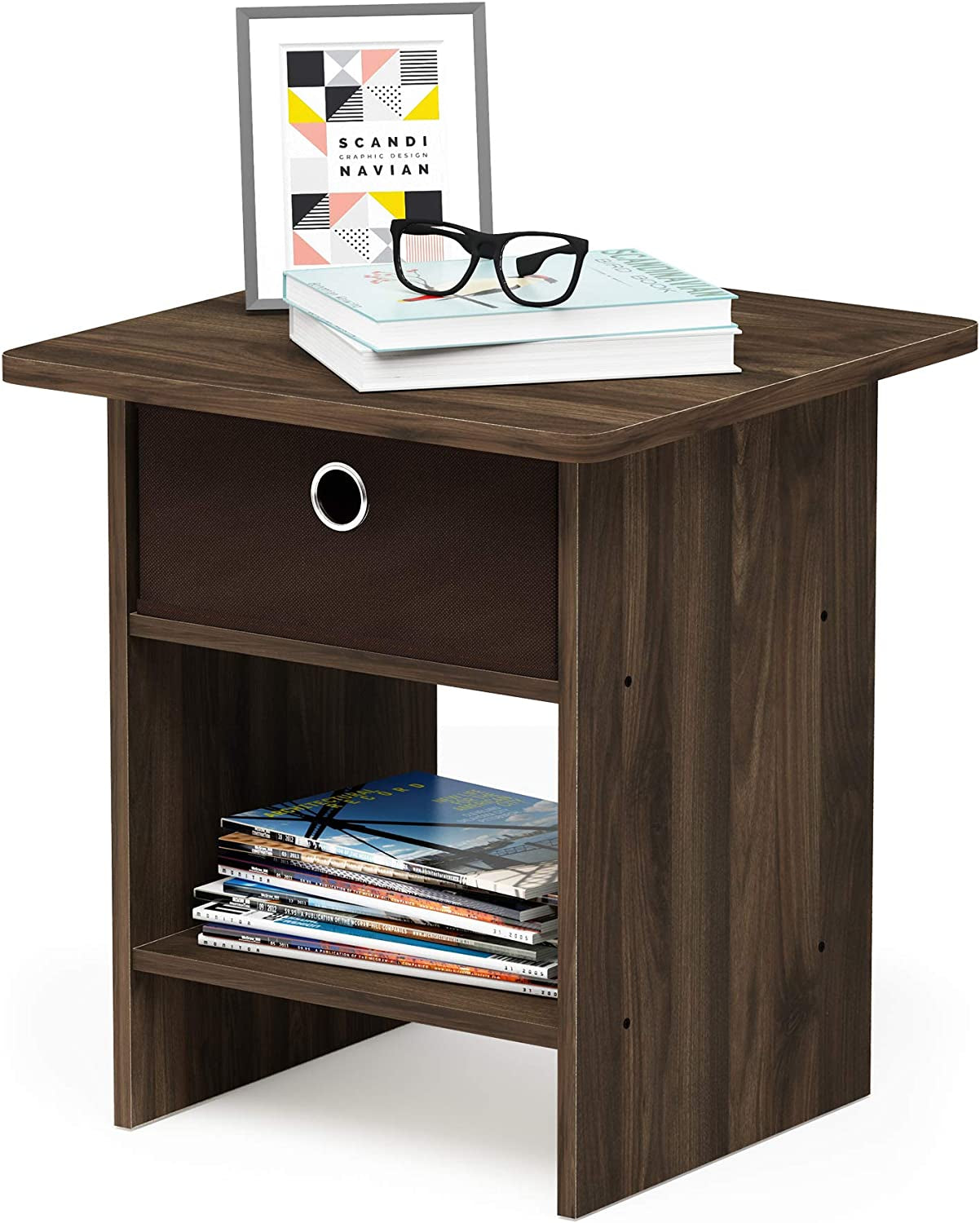 Dario End Table / Side Table / Night Stand / Bedside Table with Bin Drawer, 1-Pack, Columbia Walnut/Dark Brown