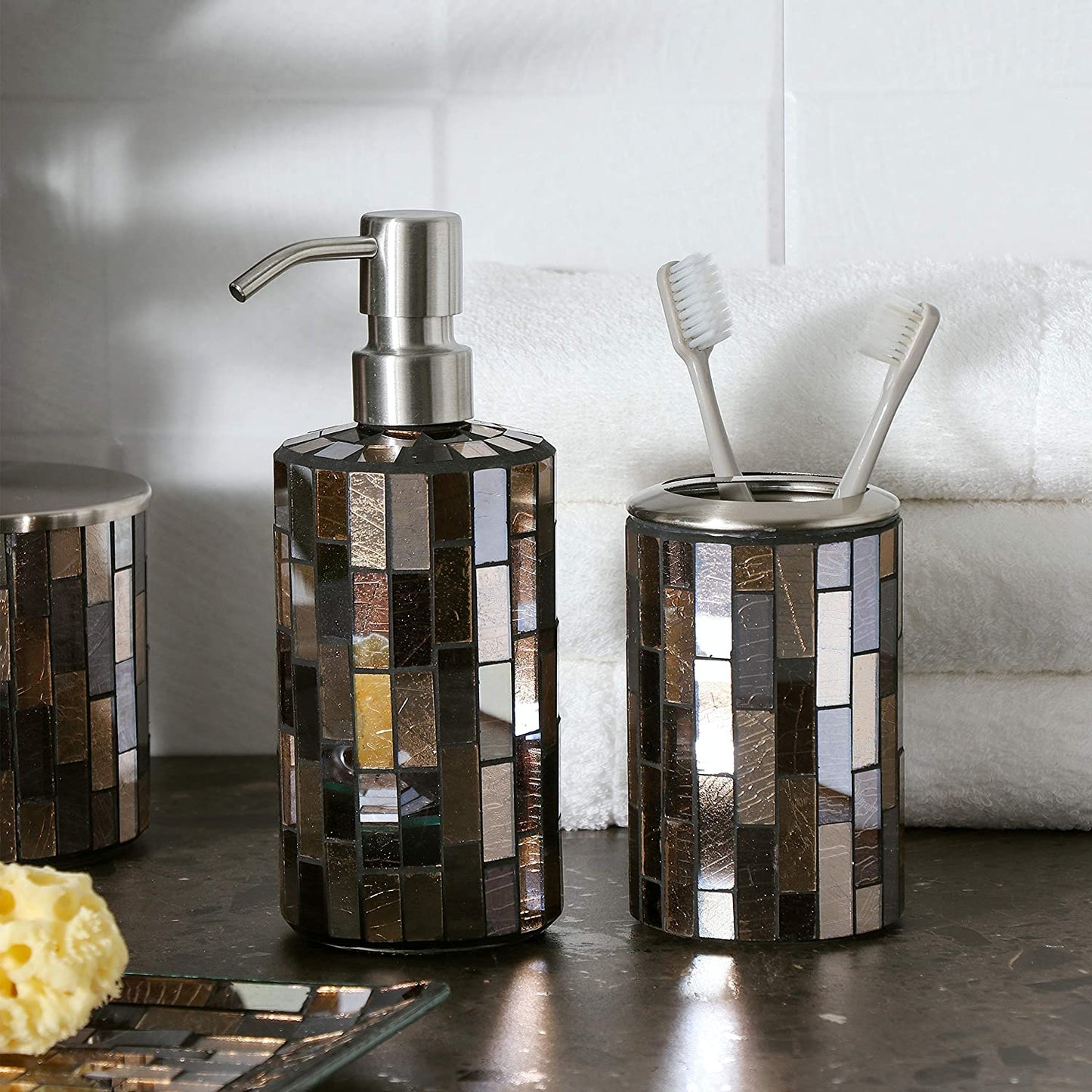 Decorative Glass Bathroom 4-Pcs Accessory Set | Soap Dispenser, Toothbrush Holder, Cotton Jar, Vanity Tray (Black/Gold)