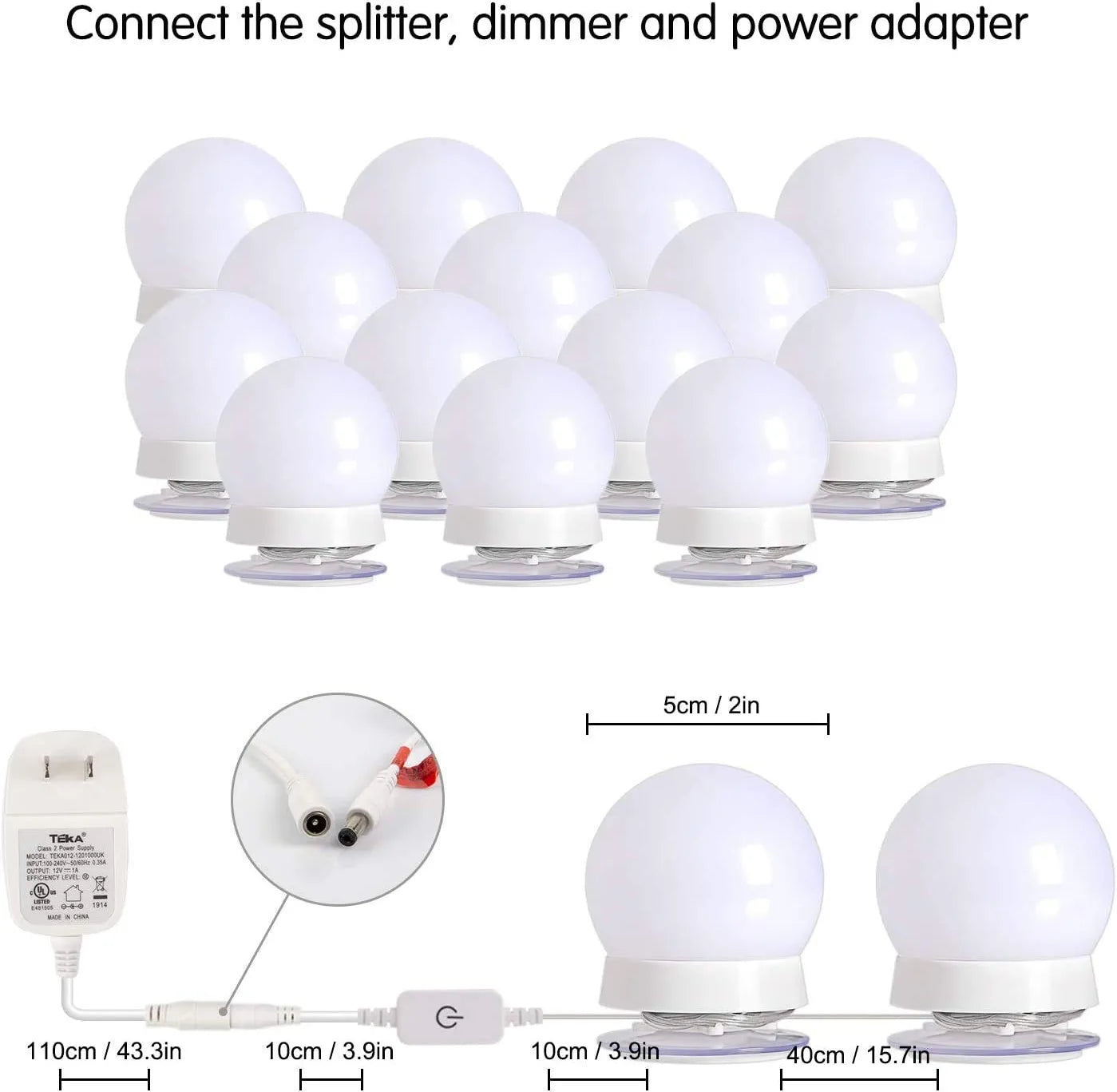 Hollywood Led Vanity Lights Strip Kit, with 14 Dimmable Light Bulbs for Full Body Length Mirror and Bathroom Wall Mirror, Plug in Mirror Lights with Power Supply, White (No Mirror Included)