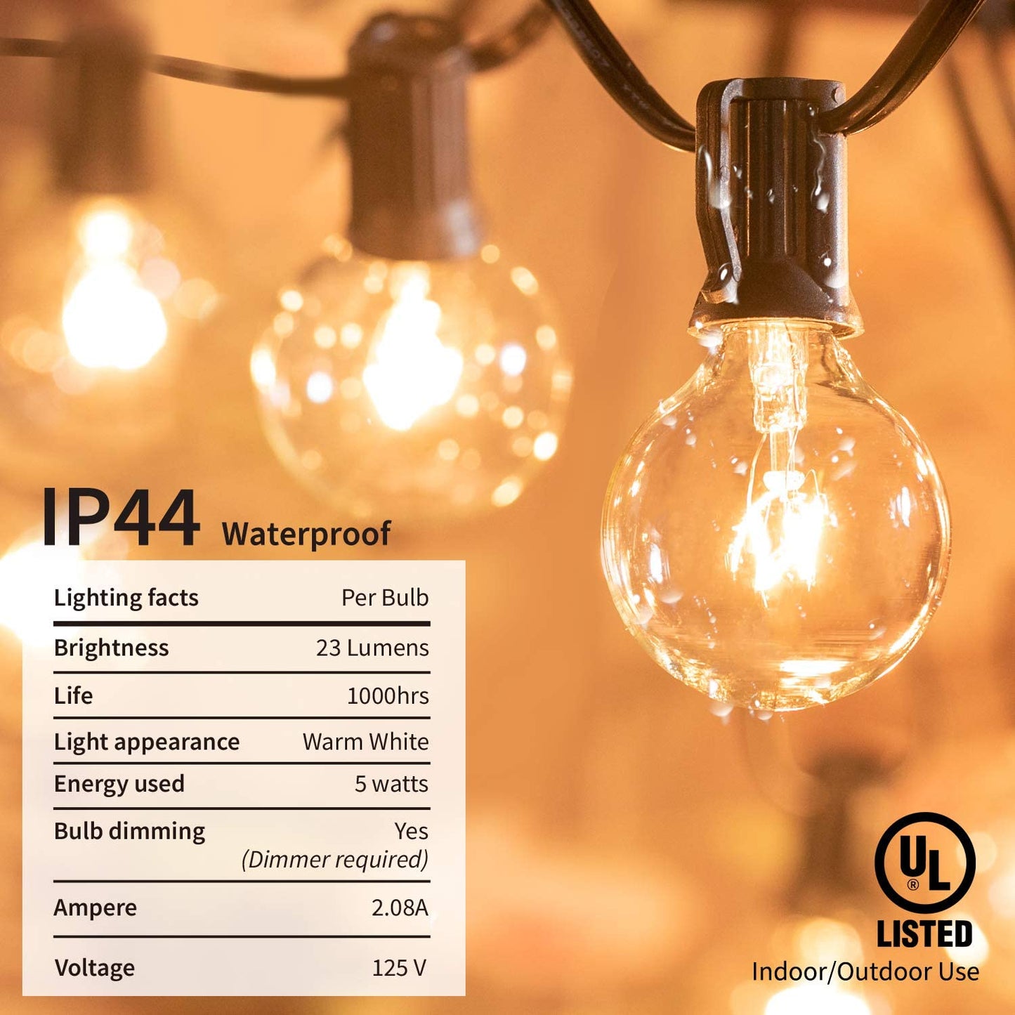 Outdoor String Light 50Feet G40 Globe Patio Lights with 52 Edison Glass Bulbs(2 Spare), Waterproof Connectable Hanging Light for Backyard Porch Balcony Party Decor, E12 Socket Base, Black