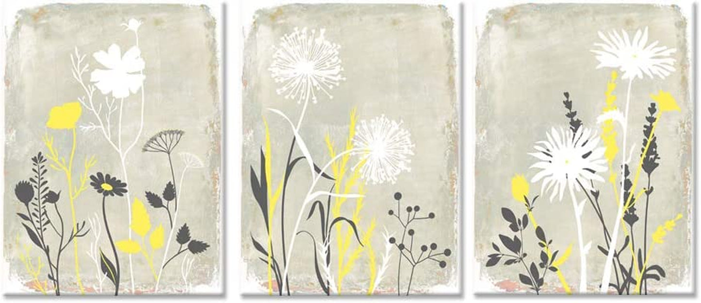 3 Pieces Yellow and Grey Flowers Wall Art Abstract Smiple Life Dandelion Floral Plant Art Print for Bathroom Bedroom Home Decor Stretched and Framed Ready to Hang 12X16Inchx3Pcs